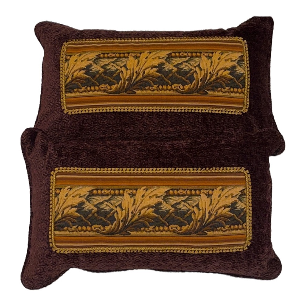 Set of 2 Custom Made Decorative Throw Pillows Brown & Gold Tapestry Accent